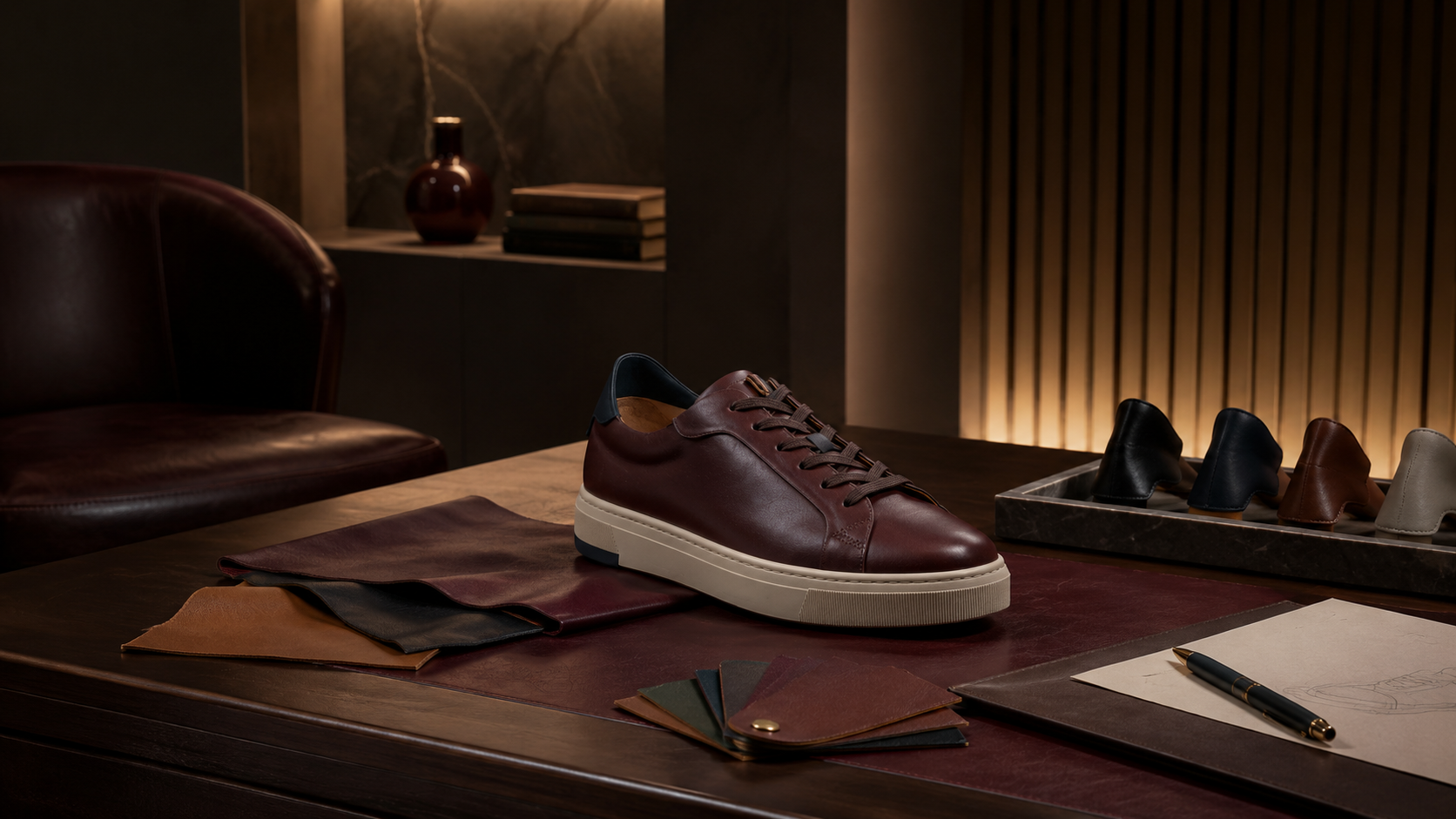 VYN sneaker displayed on a private fitting table with leather samples and heel options